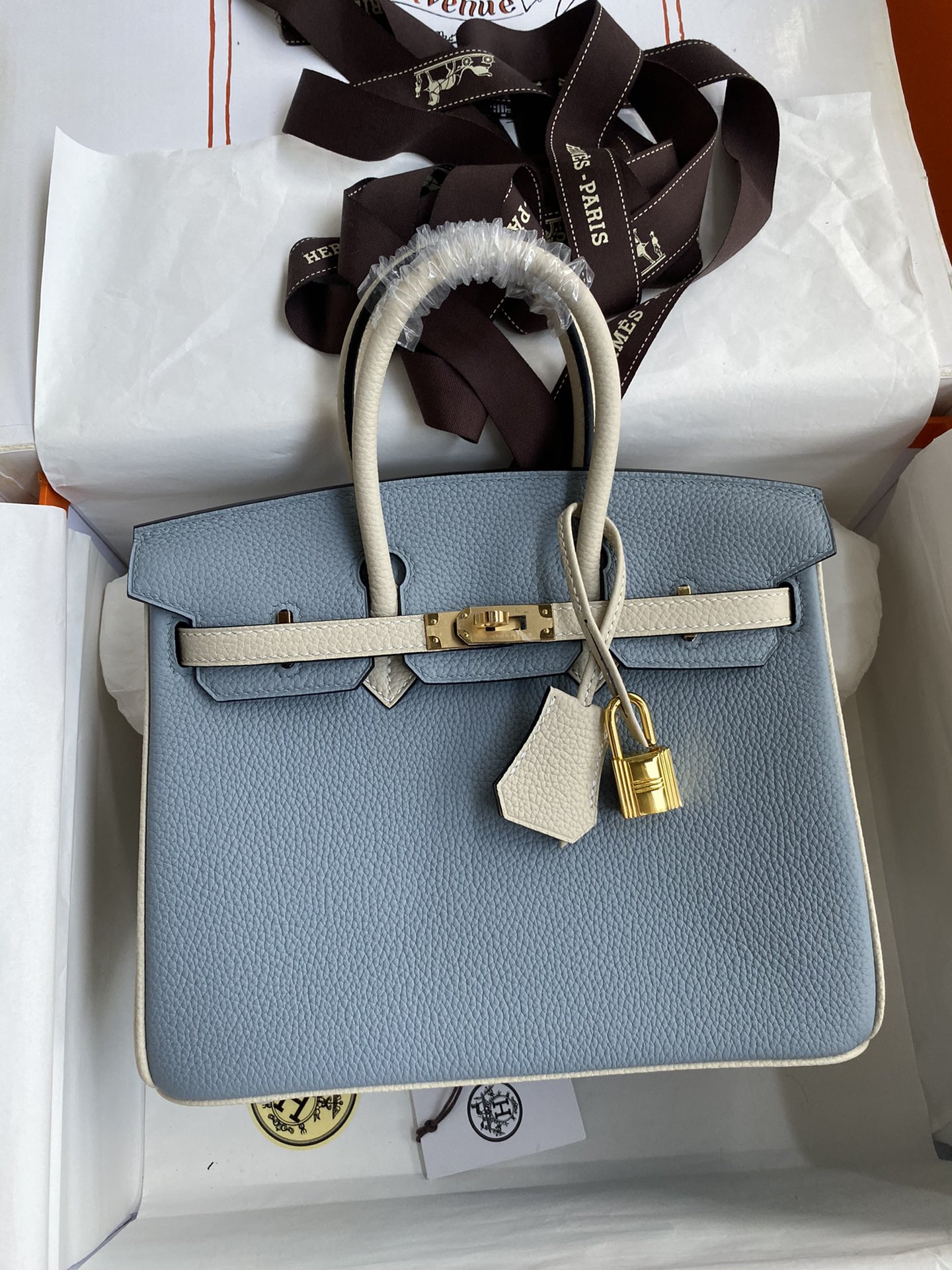 Hermes Birkin 25CM Togo Leather Handbag Blue White